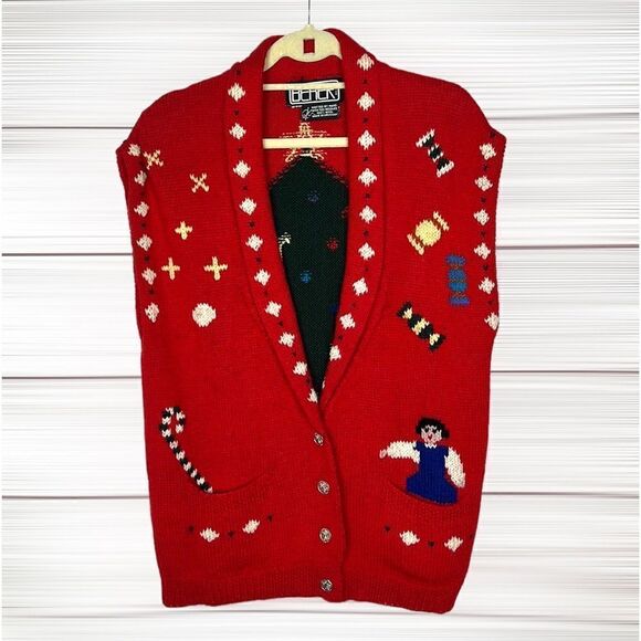 BEREK Vintage Hand Knit in Uruguay Christmas Holiday Red Wool Button Down Vest - Picture 2 of 15